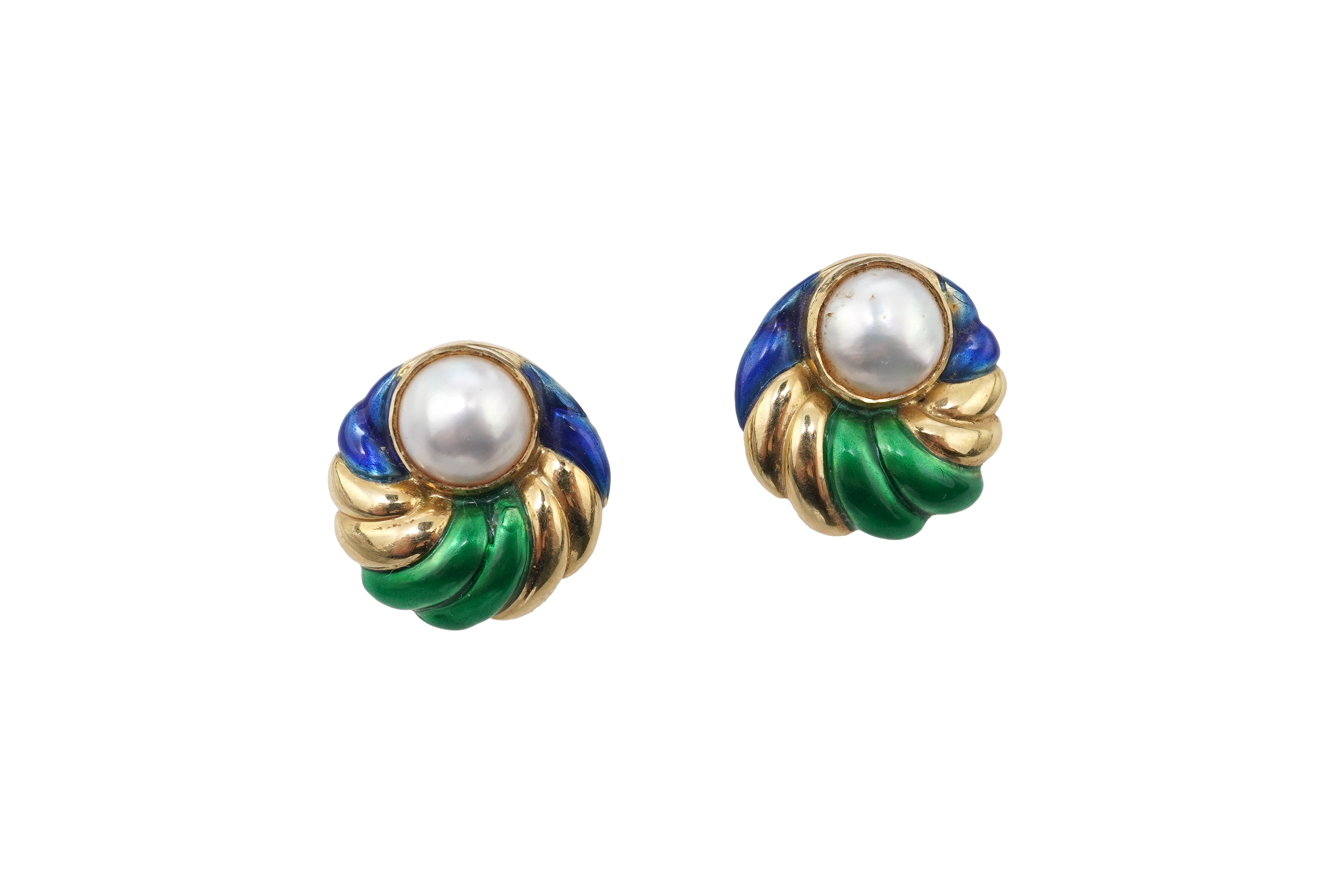 Alabaster & Wilson, a pair of enamel and mabé cultured pearl earrings, circa 1994